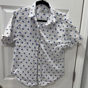 0930 Italy Women's White Button Down Shirt with Blue Floral Pattern